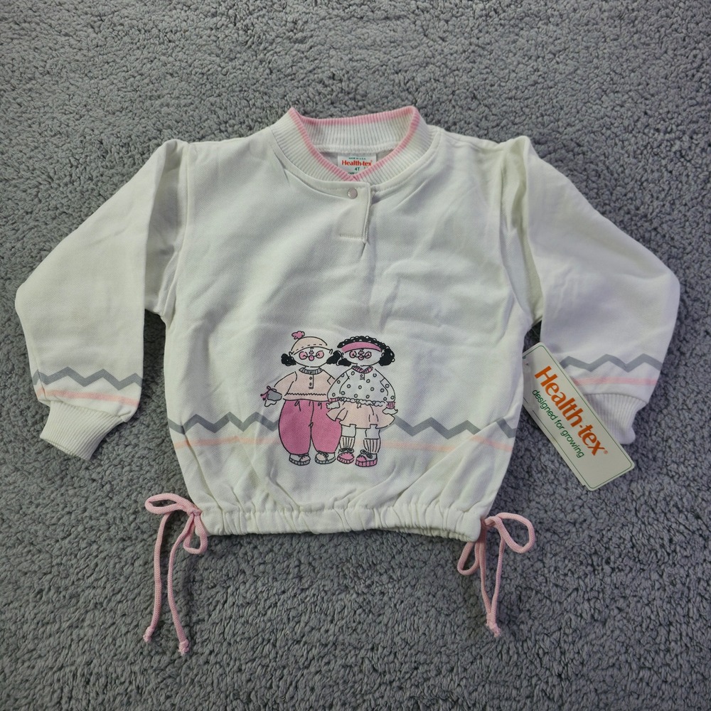 Vintage Health-tex Kids 4T White Sweatshirt Side Tie Graphic Girls USA NWT